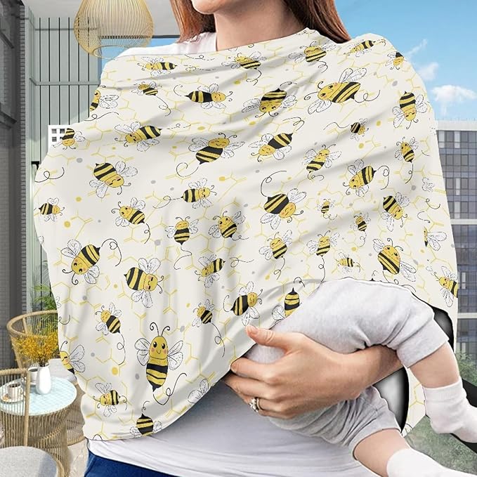 Wanyint Infant Car Seat Cover Baby Carseat Scarf Stretchy Nursing Scarf Car Seat Canopy Breathable Nursing Cover for Boys Girls Halloween Decor, Bee Honeycomb Yellow