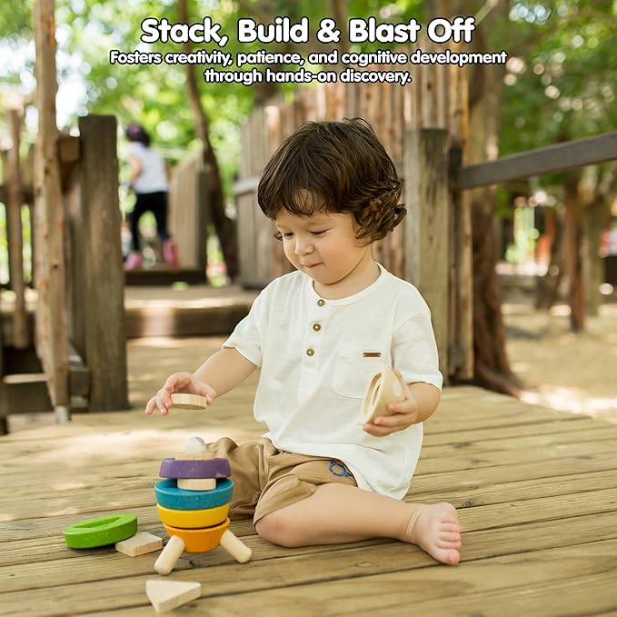 PlanToys® Wooden Stacking Rocket Toy for Toddlers | Montessori Educational STEM Learning Toy | Colorful Wooden Rocket Ship Stacker for Fine Motor Skills, Problem Solving, Preschool Gift