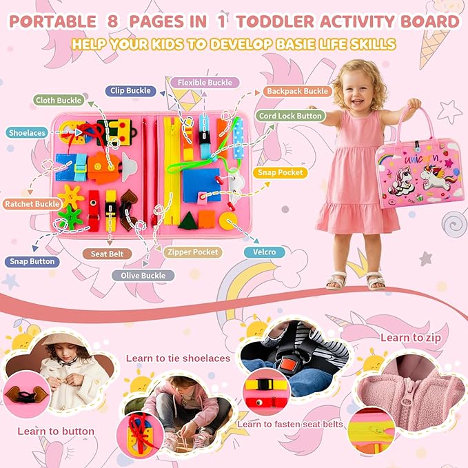 Toddler Busy Board Montessori Toys for Toddler 1-3 Year Old, Girl Birthday Gift, Preschool Educational Montessori Busy Book Board, Felt Sensory Activity Board Sorting Toy Age 2-4 with Fine Motor Skill