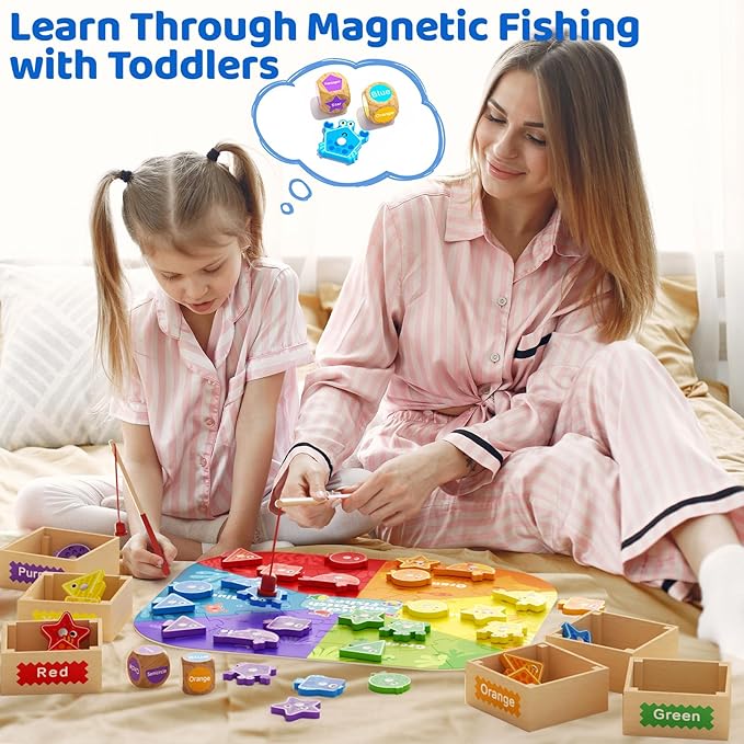 Montessori Toys for Toddlers 1-3, Magnetic Fishing Game for Kids 2-4, Color & Shape Sorter Educational Learning Toys with Wooden Box & Puzzle for Boys Girls 3-5