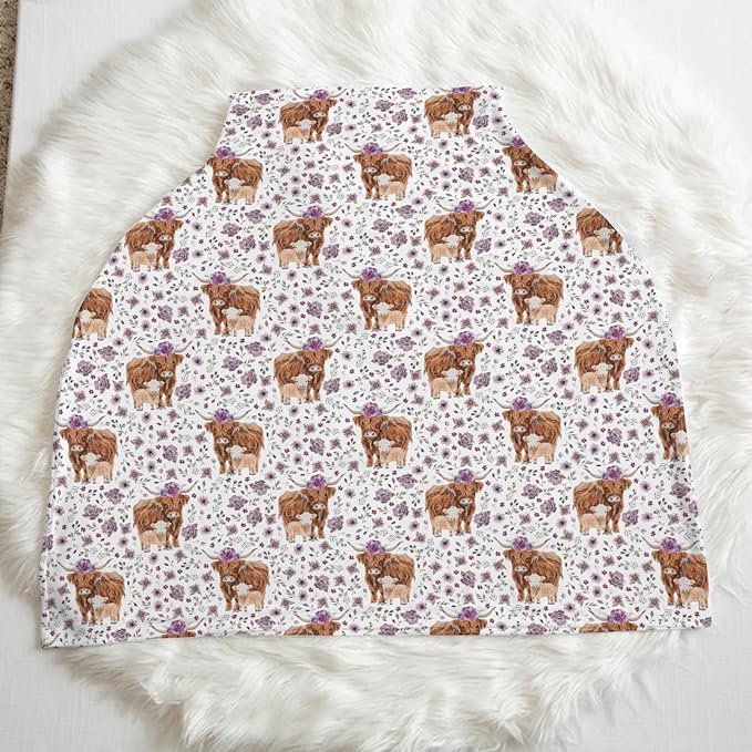 5-in-1 Unisex Western Cow Pattern Baby Carseat Stroller Cover for Boys Girls, Farm Highland Cow Flowers Floral Infant Toddler Privacy Nursing Breastfeeding Canopy, Grocery Shopping Cart Cover-24x28