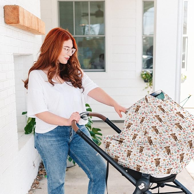 HawSkgFub Highland Cow Floral 5-in-1 Car Seat Cover for Baby Girl Cow Lover Gift, Western Cowgirl Retro Boho Flower Privacy Breastfeeding Nursing Cover, Newborn Infant Multi-use Carseat Canopy Carrier