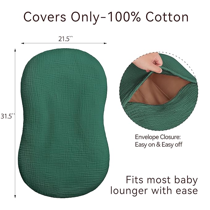 Muslin Baby Lounger Cover 1 Pack, Cotton Soft Breathable Infant Nest Slipcover, Envelope Closure, Compatible with Snuggle Me Loungers, Machine Washable, Cover Only, for Boys Girls(Green)