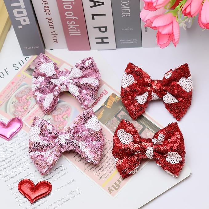 Valentines Red Sequin Hair Bows for Girls Pink Sparkly Alligator Clips Pink Love Heart Glitter Valentine's Day Hair Accessories for Little Teen Toddler Girls Kids Gift