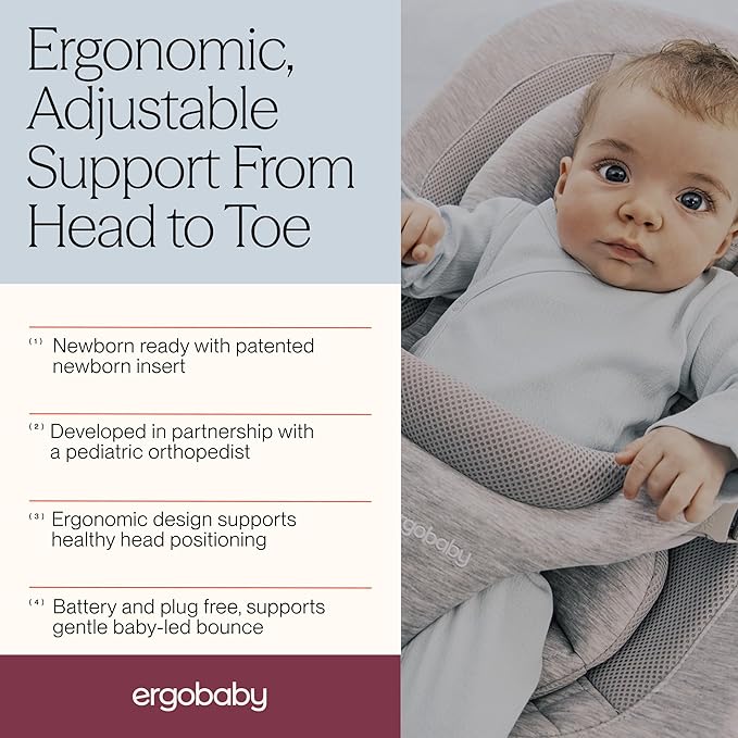 Ergobaby Evolve 3-in-1 Bouncer Seat for Babies and Toddlers 5.5-25lbs - Multi Position Baby Rocker Seat with Adjustable Heights, Secure Harness, Newborn Insert - Oxford Blue