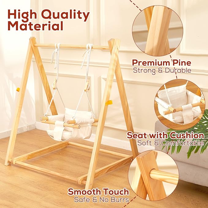 FUNLIO Montessori Wooden Swing Set for Toddlers 6-36 Months, Foldable Indoor Baby Swing Set of Durable Pine, Portable with 4 Sandbags &Extension Straps, Toddler Swing for Indoor/Outdoor