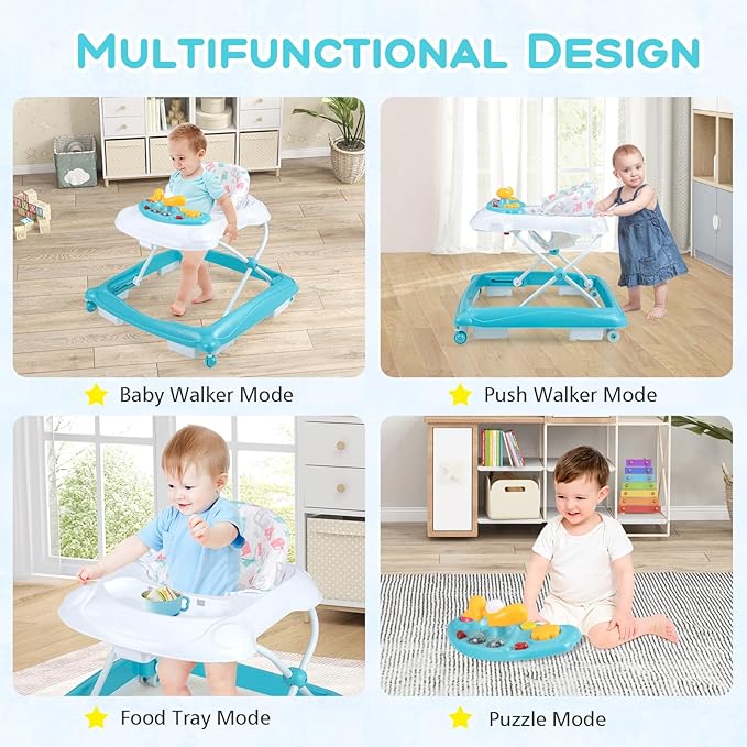 BABY JOY Baby Walker, 4 in 1 Foldable Activity Walker with Adjustable Height, Music, Lights, Anti-Rollover Toddler Push Walker, Baby Walker with Wheels for Boys Girls 7-14 Months (Light Blue)