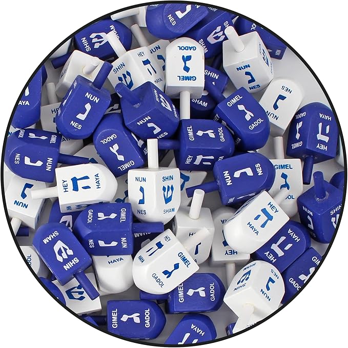 Zion Judaica Hanukkah Dreidels Blue & White Natural Wood with English Translation & Transliteration (100 Pack)