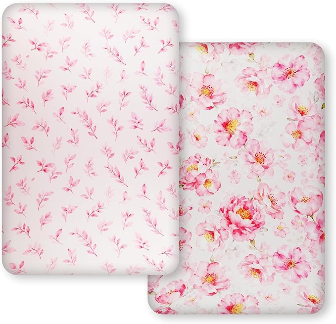 Pack and Play Sheets, 2 Pack Mini Crib Sheets for 38x26 Mattress, Stretchy Snug Fit Playard Fitted Sheet, Soft Breathable Cozy Material, Compatible with Graco Pack n Play for Baby and Toddler