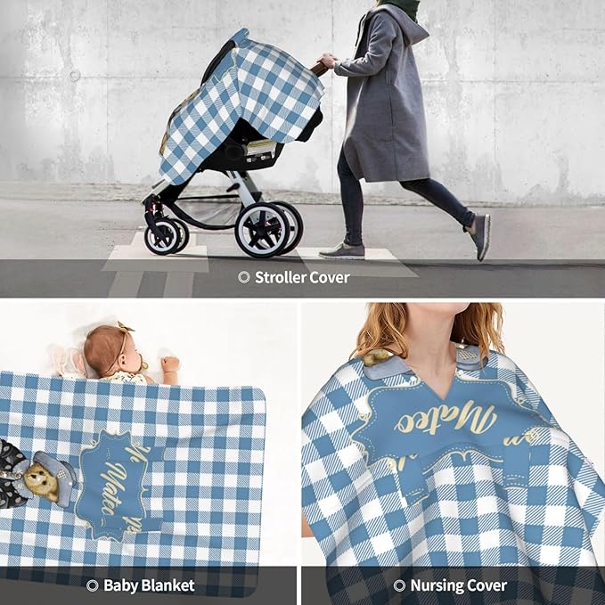 Cute Bear Custom Name Baby Car Seat Cover – Personalized Nursing Cover for Breastfeeding, Stroller Canopy, Privacy Infant Carseat Canopy, Soft Breathable Newborn Blanket for Boys
