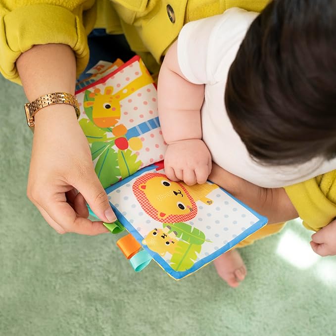 Bright Starts Safari Buddies Soft Book, Crinkle Plush Pages with Lion, Monkey, Elephant & More, Baby's First Book, Unisex, Ages 0+