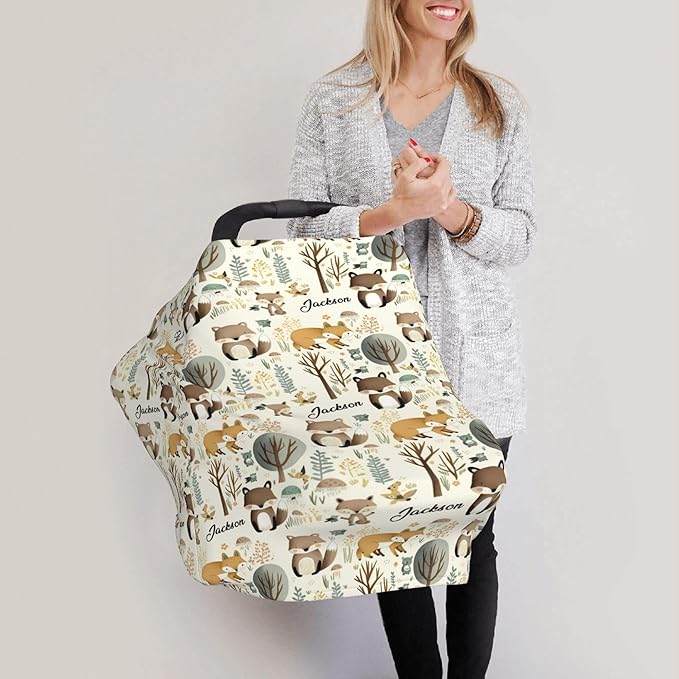 Personalized Woodland Baby Car Seat Cover with Name,Multi-Use Canopy for Nursing, Strollers,Shopping Carts,Customized Breastfeeding Cover, Full Privacy,Infant Stroller Cover