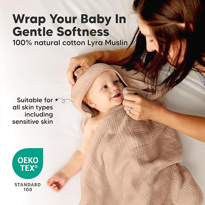 KeaBabies Muslin Hooded Baby Towels for Newborn Girls, Boys - 2-Pack, 30x30 Organic Cotton Baby Bath Towels Hooded, Soft Absorbent, Toddlers, Kids, Infant, Newborn Bath Essentials (Almond, Petite)