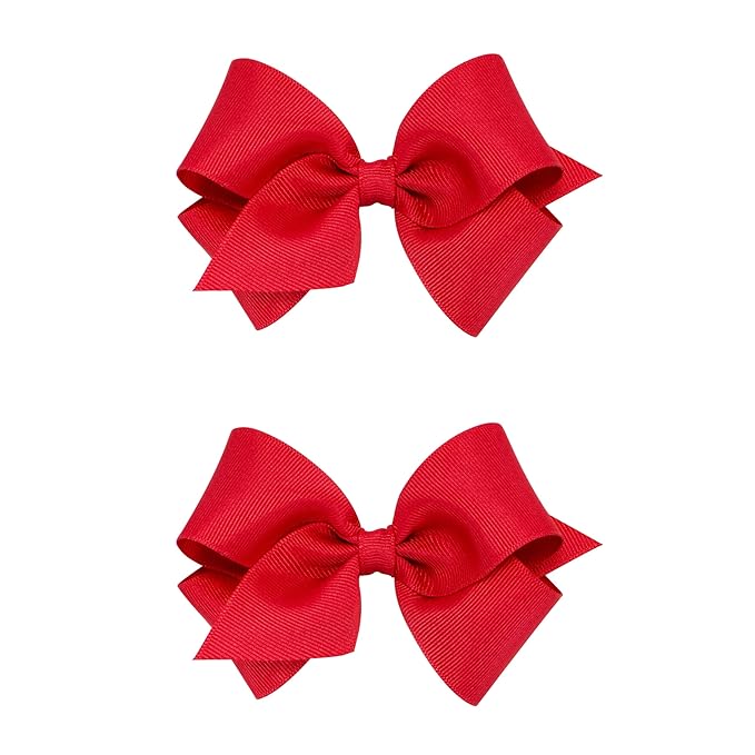 Wee Ones Girls 2 Pack Grosgrain Hair Bows with Plain Wrap Centre on a Wee Stay No Slip Clip, Small, Red