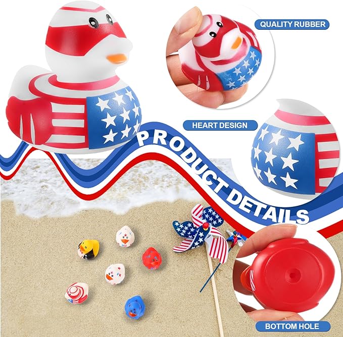 SCIONE Patriotic Rubber Ducks - 24 Pcs Independence Day Novelty Funny Squeeze Baby Shower Bathtub Ducks for Fourth of July Party Supplies