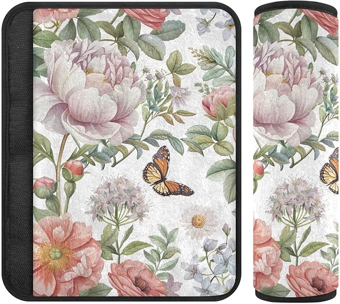 CHIFIGNO 2 Pack Seat Belt Cover Pad Pastel Colored Flowers and Butterflies Car Seat Straps Cover Comfortable Car Seat Shoulder Strap Pads for Adults Women Kids