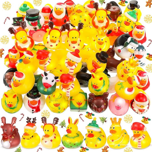 Hanaive 50 Pcs Christmas Ducks for Stocking Stuffers Mini Xmas Rubber Ducks Bath Toys for Kids Toddlers Christmas Goodie Bag Stuffers Xmas Party Favor Gifts (Retro)