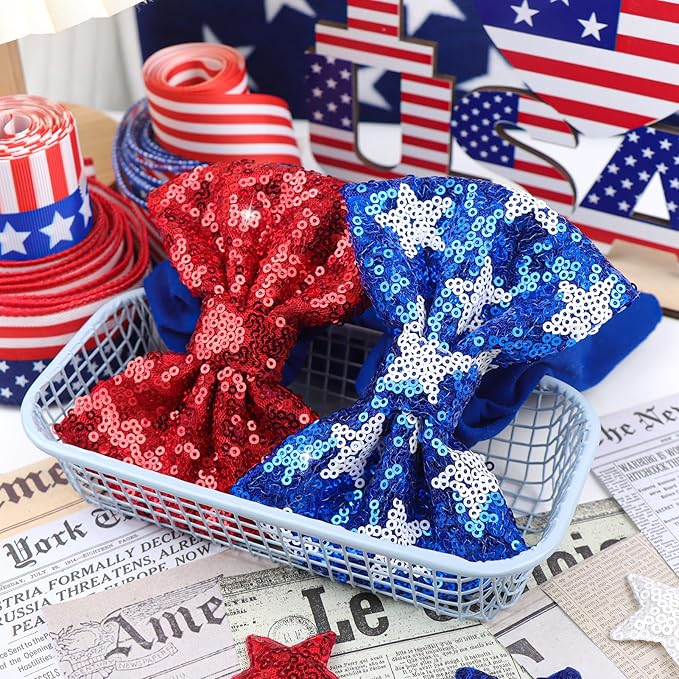 4th of July Red Blue Headband Sequin Bows Glitter Hair Bow for Girls Toddler Patriotic Star Headband Accessories Infant