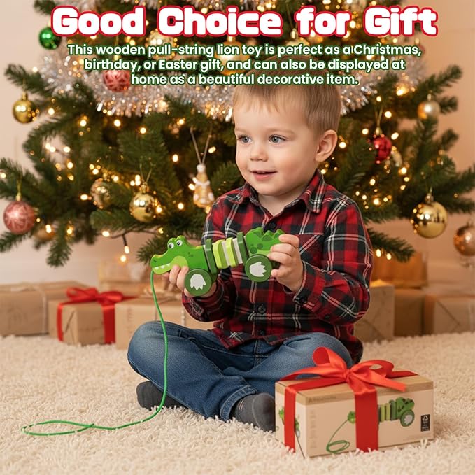 Baby Toys Car,Wooden Pull Along Toddler Toy, Developmental Toy for 1 Year Old Girl Boy Birthday Gift (Crocodile)