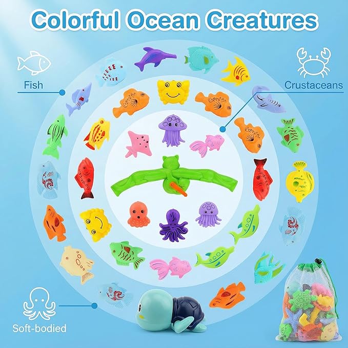 AUUGUU Magnetic Fishing Pool Toys Game, Water Table Bathtub Bath Toy - Pole Rod Floating Fish, Birthday Party Gifts for Toddler Age 3 4 5 6 Year Old, Kids Outdoor Toys