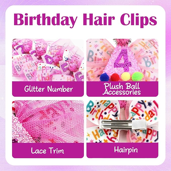 4th Birthday Hair Bow for Girls, Hot Pink Hair Clip Hair Accessories for Girls 1 2 3 4 5 6 Years Birthday Party Supplies Decorations