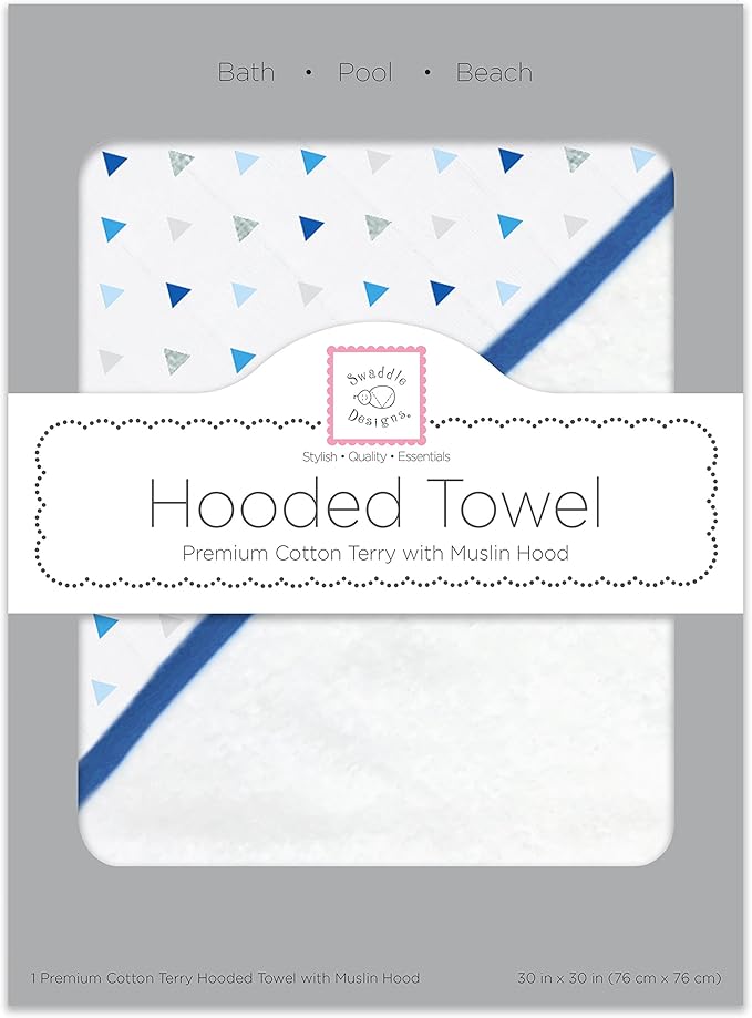 SwaddleDesigns Cotton Terry Baby Hooded Towel, Tiny Triangle Shimmer, Blue