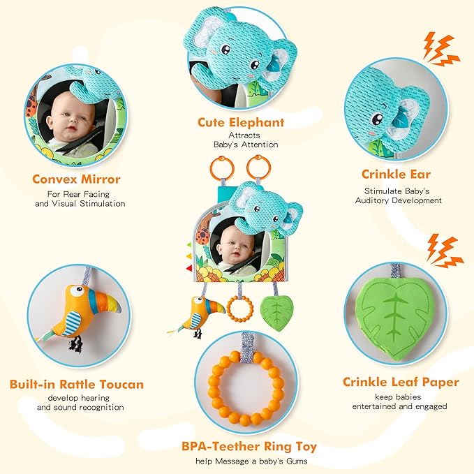 Lynncare Car Seat Toy, Baby Car Mirror for Rear Facing, Travel Baby Activity Center with Hanging Engaging Toys for Infants Babies 0-6-12-18 Months Boy Girl