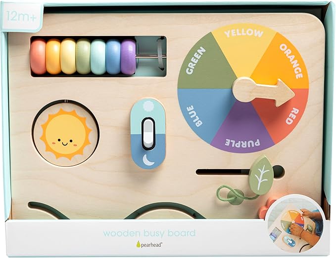 Pearhead Busy Board for Toddlers – FSC-Certified Wooden Montessori Sensory Travel Toy with Built-in Stand, Develops Fine Motor Skills & Color Recognition, Boys and Girls, 1 2 3 Year Old