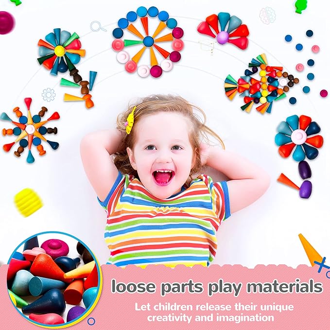 Chivao Loose Parts Play Materials Set Wooden Mandala Toys Kit Wood Sensory Play Toys 27 Rainbow Color 7 Shapes Loose Parts for Teens Students Early Learning Materials (162)