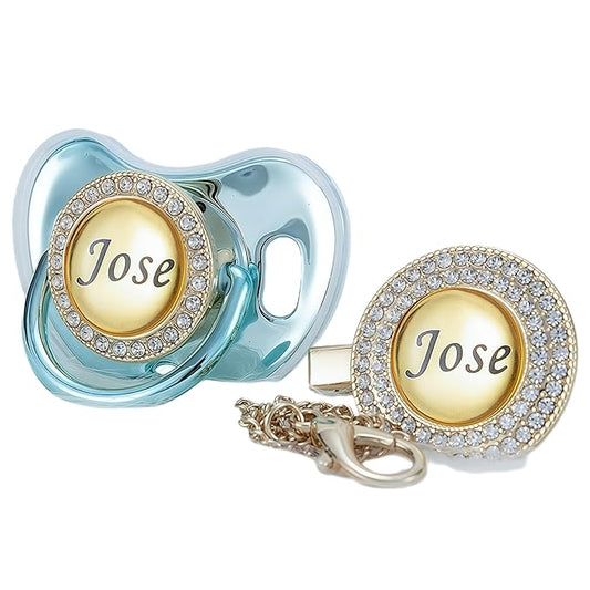 Custom Name Bling Pacifier & Clip Set – Personalized Binky for Baby Shower, Newborn Keepsake for Photos (Gold Blue)