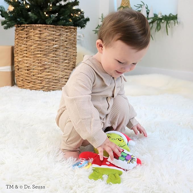 Infantino Activity Pal The Grinch, Baby Sensory Clip-On Toy with Crinkle Body, Rattling Presents & Clacker Rings, Stroller & Car Seat Companion, Holiday Baby Gift & Stocking Stuffer