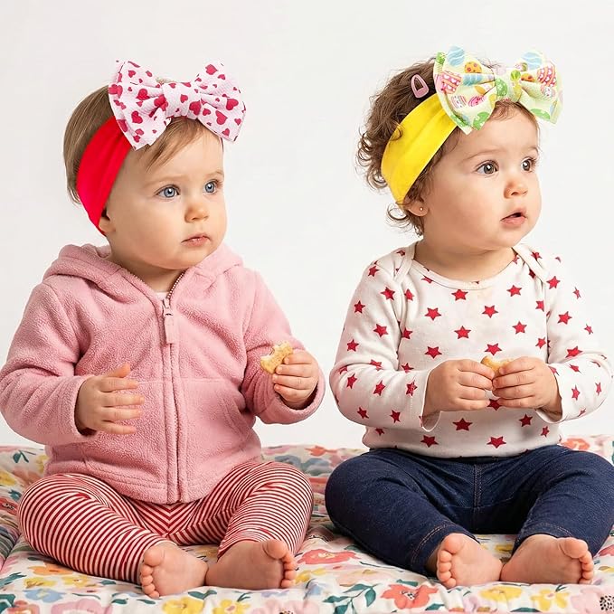 JATEBI 4 Pcs 6" Holiday Baby Bows Headbands for Newborn Infant Toddler, Soft Stretchy Nylon Hair Bands, Holiday Hair Accessories for Valentine’s Day, St. Patrick’s Day, Easter, 4th of July