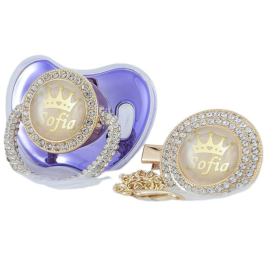 Personalized Name Anniversary All Bling Pacifier and Clip Set Gold Plated New Born Gift Photography No for Daily Use (Metallic Purple)