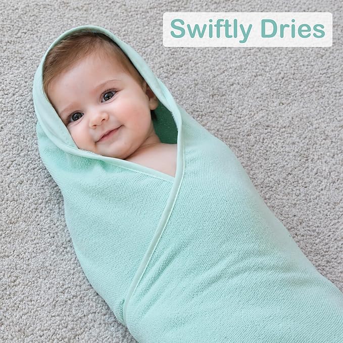 Viviland Baby Towels and Baby Wash Cloths Set Hooded Baby Towels Baby Wipes Absorbent Bath Face Towels Burp Cloths or Face Towels for Girl Boy 6-Pack Size 28 x 28 Inch(Green Bear)