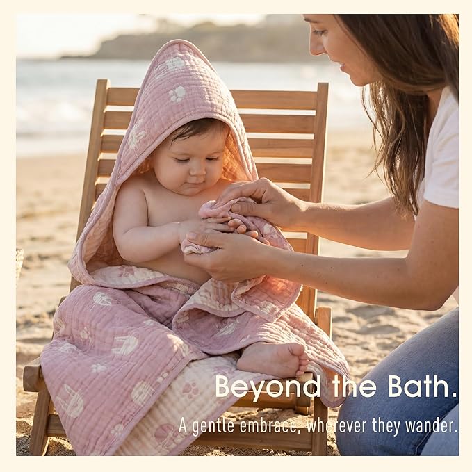 4-Piece Muslin Baby Towel Set - Made with Organic Cotton, (2) 6-Layer Bath Towels 32x32 & (2) Washcloths, Absorbent Bath & Beach (Blush Pink Bunny & Sage Green Stripe)