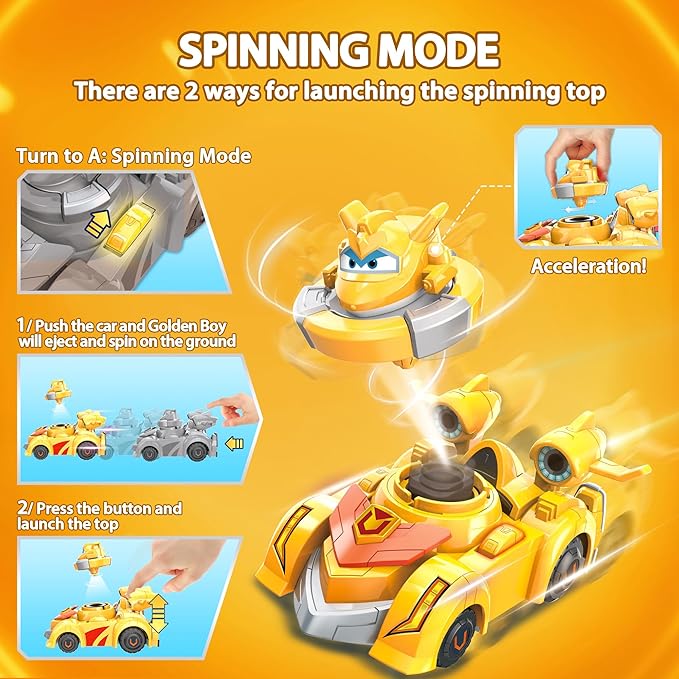 Super Wings Golden Boy Spinning Battling Tops & Cars Toys, Yellow Car Toys for Kids Age 3+, Little People Race Toy Cars for Boys and Girls, Best Gifts for Kids Boys Girls