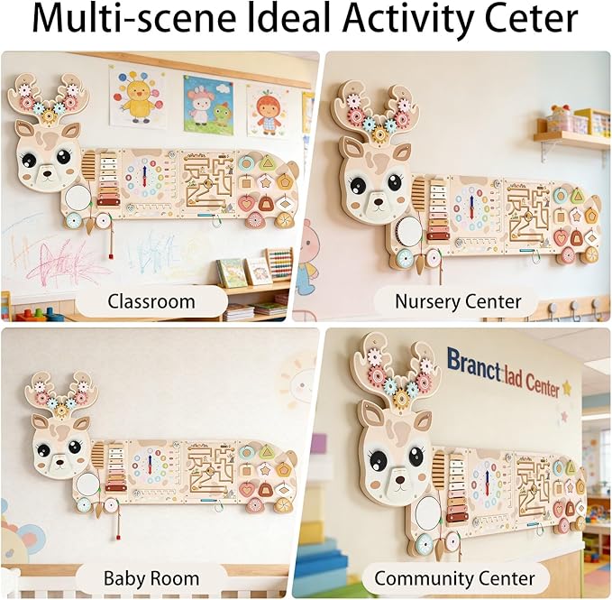 Reindeer Activity Wall Busy Board Panels, 12-in-1 Sensory Wall Panel for Kids, Toddler Montessori Learning Activity Center, Perfect for Toddler Playroom Nursery Classroom Dentist Waiting Room