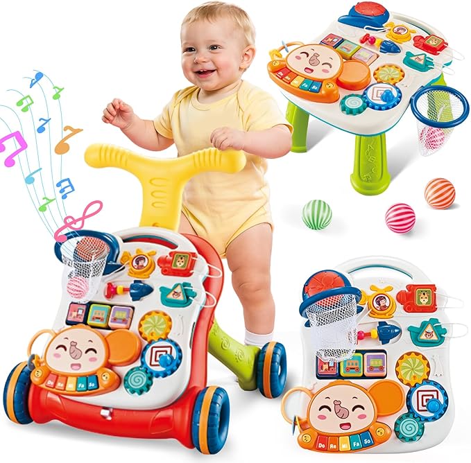 AuntyFey Baby Walker, 3 in 1 Push Walker for Baby Girls Boys, Baby Walking Toy for 1 Year Old Learning to Walk, Sit to Stand Baby Walker Push Toy for Girl 12 Months, Red