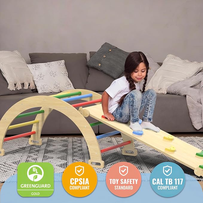 Pikler Triangle Set, 7 in 1 Foldable Climbing Toys Set for Kids, Baby Jungle Gym with Ramp & Arch, Wooden Montessori Climbing Set Indoor for Toddler (Colorful)