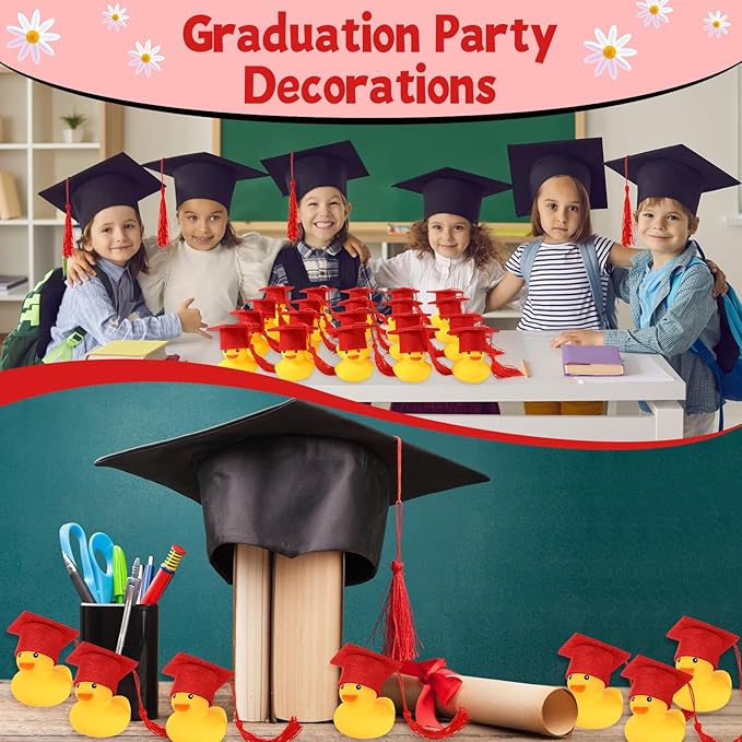 Jerify 48 Pcs Graduation Rubber Ducks with Grad Cap 2026 Diploma Grad Rubber Duck Graduation Party Bath Pool with Storage Bag for Student Gifts Party Favor(Red)