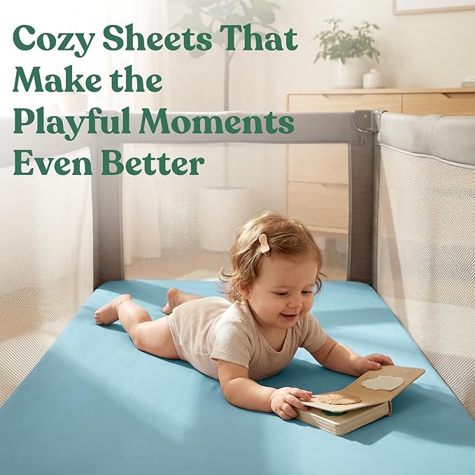 Graco Pack n Play Sheets, Soft Fitted Playard Sheets with Secure Fit, Fit Standard 27" × 39" Playard Mattresses, Breathable & Gentle on Sensitive Skin, 2-Pack (Sage & Dusty Blue)