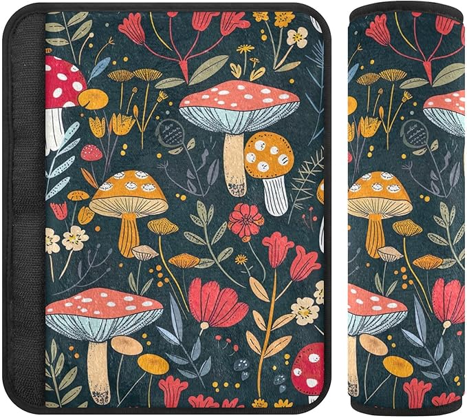 CHIFIGNO Cute Cartoon Mushrooms Car Seat Belt Covers Fashion Seat Belt Cushion Cover 2 Pack Shoulder Pads Car Accessories Protect Your Neck and Shoulder