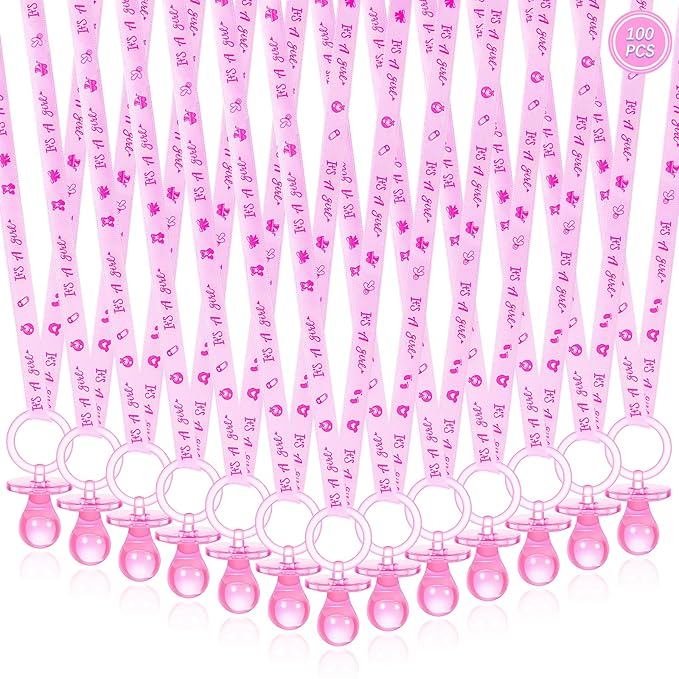 100 Pieces Baby Shower Pacifiers Necklace, Cute Acrylic Pacifier Necklaces for Chupones para Baby Shower Games Charm, Party Favors, Decorations DIY, Gender Reveal Table Scatter(Pink)