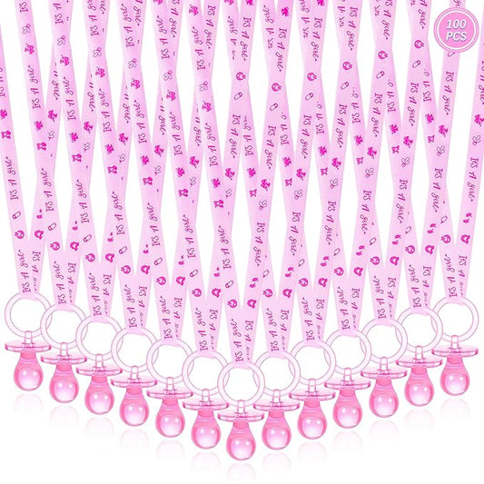 100 Pieces Baby Shower Pacifiers Necklace, Cute Acrylic Pacifier Necklaces for Chupones para Baby Shower Games Charm, Party Favors, Decorations DIY, Gender Reveal Table Scatter(Pink)