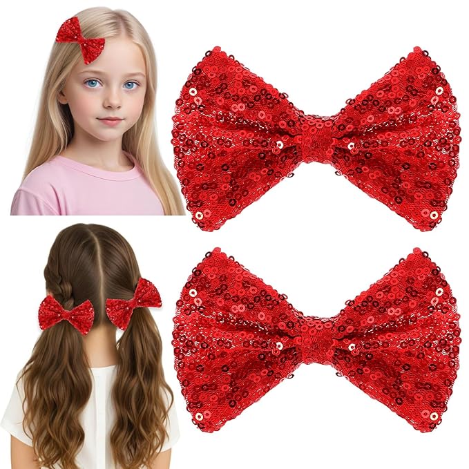 Ouligay 2 Pcs Sparkly Red Hair Bow,Sequin Christmas Bows for Girls,Christmas Hair Clips,Bows Barrettes for Toddler Girls,Red Hair Accessories for Daily Weding Thanksgiving Accessories