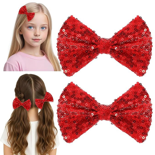 Ouligay 2 Pcs Sparkly Red Hair Bow,Sequin Christmas Bows for Girls,Christmas Hair Clips,Bows Barrettes for Toddler Girls,Red Hair Accessories for Daily Weding Thanksgiving Accessories