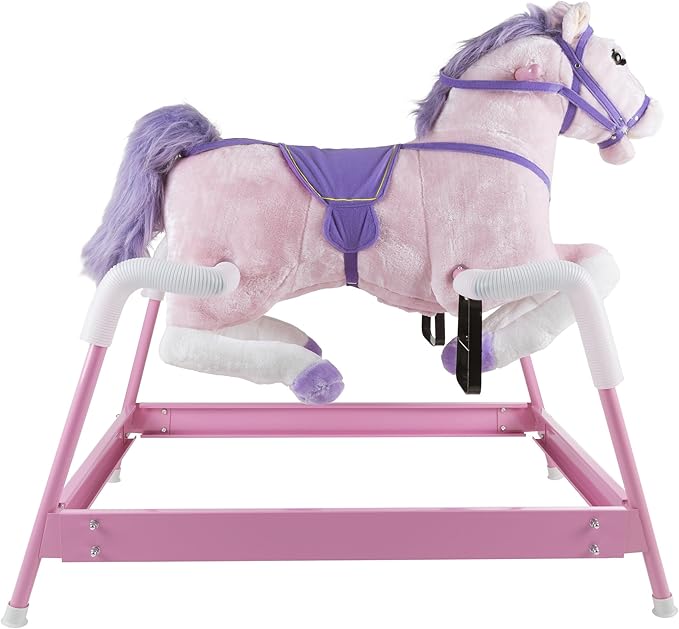 Spring Rocking Horse - Plush Bouncy Ride-On Toy with Fun Sounds, Wood Handles, and Adjustable Stirrups for Kids Ages 3 to 6 by Happy Trails (Pink)