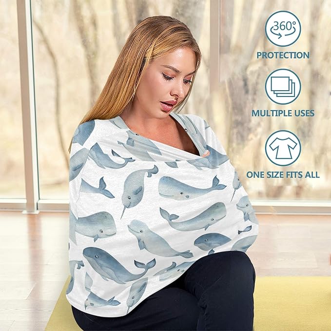 Watercolor Narwhal Whale Cachalot Beluga Animal Pattern Stretchy Baby Car Seat Cover Infant Canopy Nursing Covers Breastfeeding Cover Breathable Windproof Winter Scarf for Boys Girls