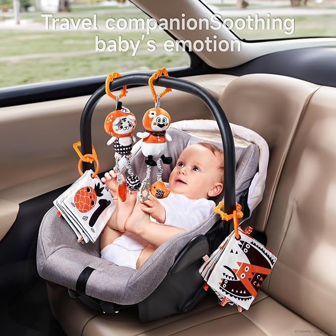 TUMAMA KIDS Hanging Toys for Baby Gym, Black and White Baby Toys, High Contrast Rattle Toy & Soft Book Set,Car Seat Toys for Babies,Early Educational Toys for Infant Babies 0 3 6 9 12 Month