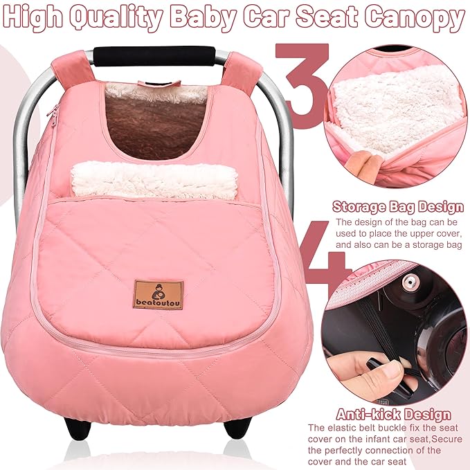 beatoutou Winter Baby Car Seat Cover, Waterproof Winter Infant Carseat Canopy for Girls, Cold Weather Warm Car Seat Covers for Babies, Keeps Babies Warm and Cozy (Pink)